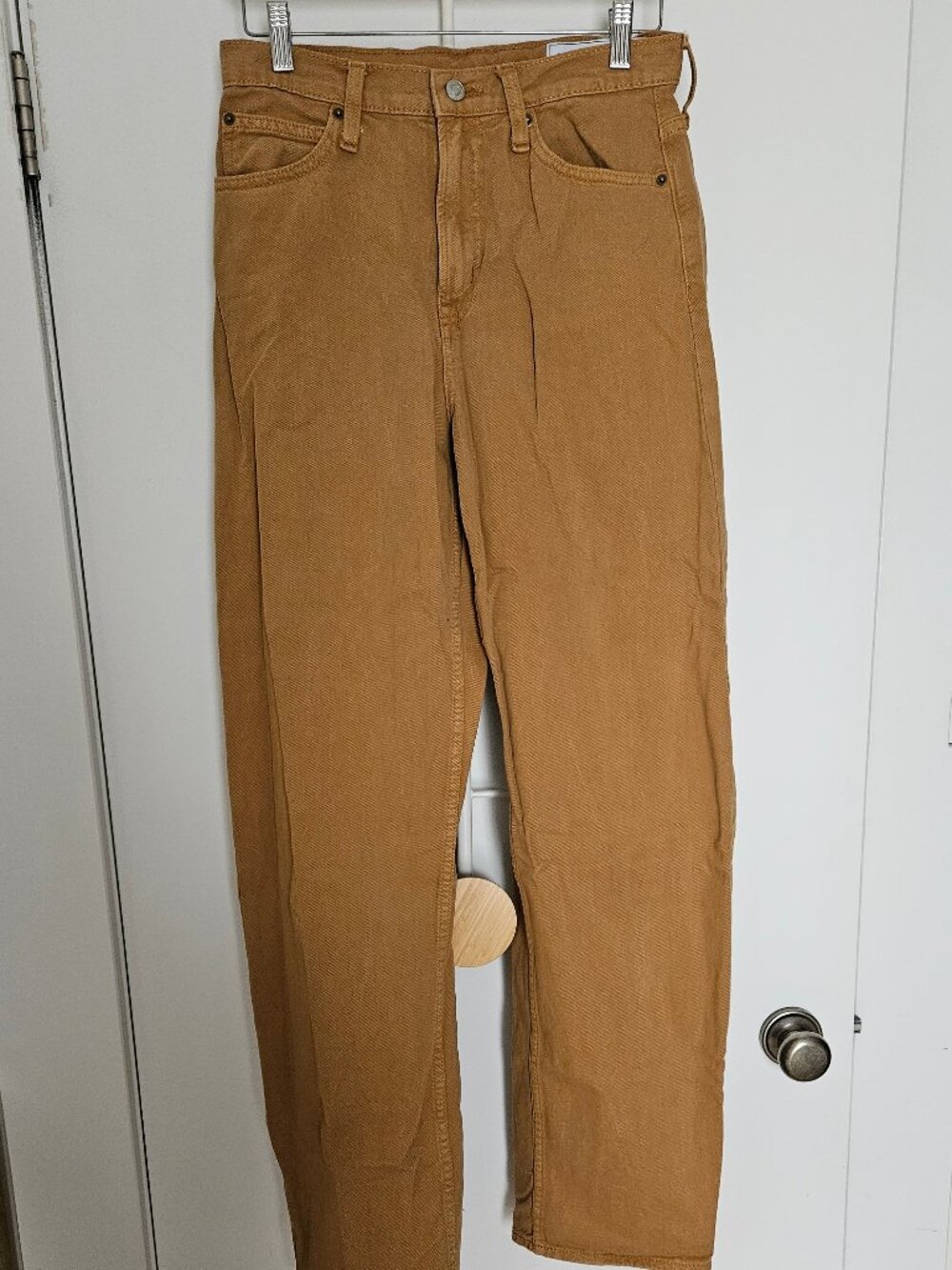 Camel colored barrel leg tall jeans